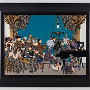 1920s art deco original acrylic painting on canvas. fine art painting. unique humorous wall art home décor. vintage style art lover gift