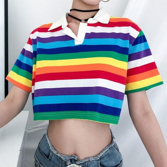SALE: Rainbow Striped Print Turn-down Collar Crop Top Women | Etsy
