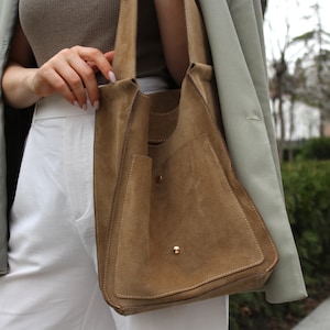 Handcrafted Suede Leather Slouch Bag: Tan Beige Shopper Tote
