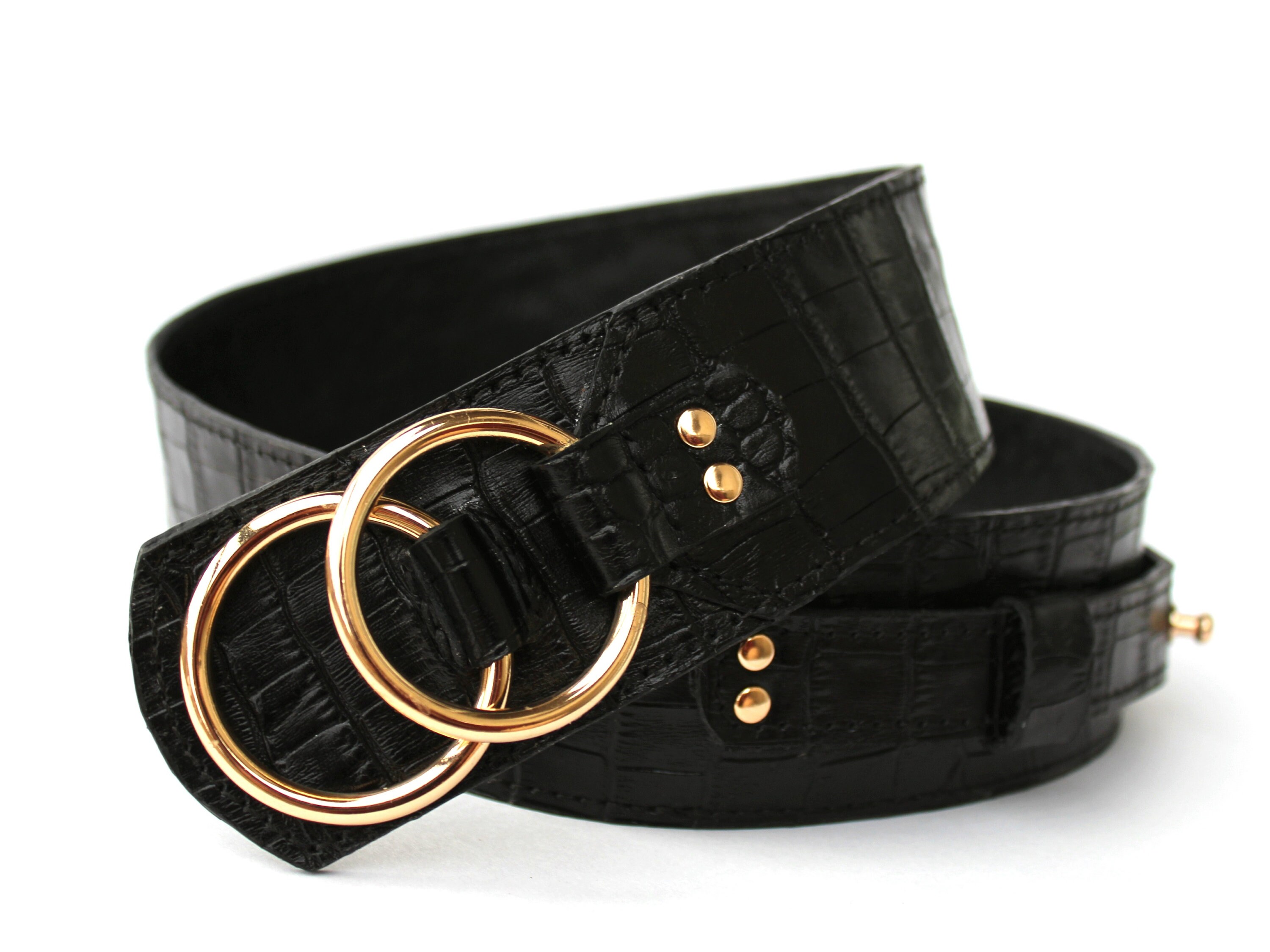 Wide Black Crocodile Textured Leather Belt for Women 