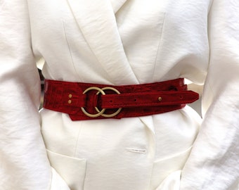 Red Leather belt, wide leather belt, Leather waist belt, Red dress belt, Wide belt