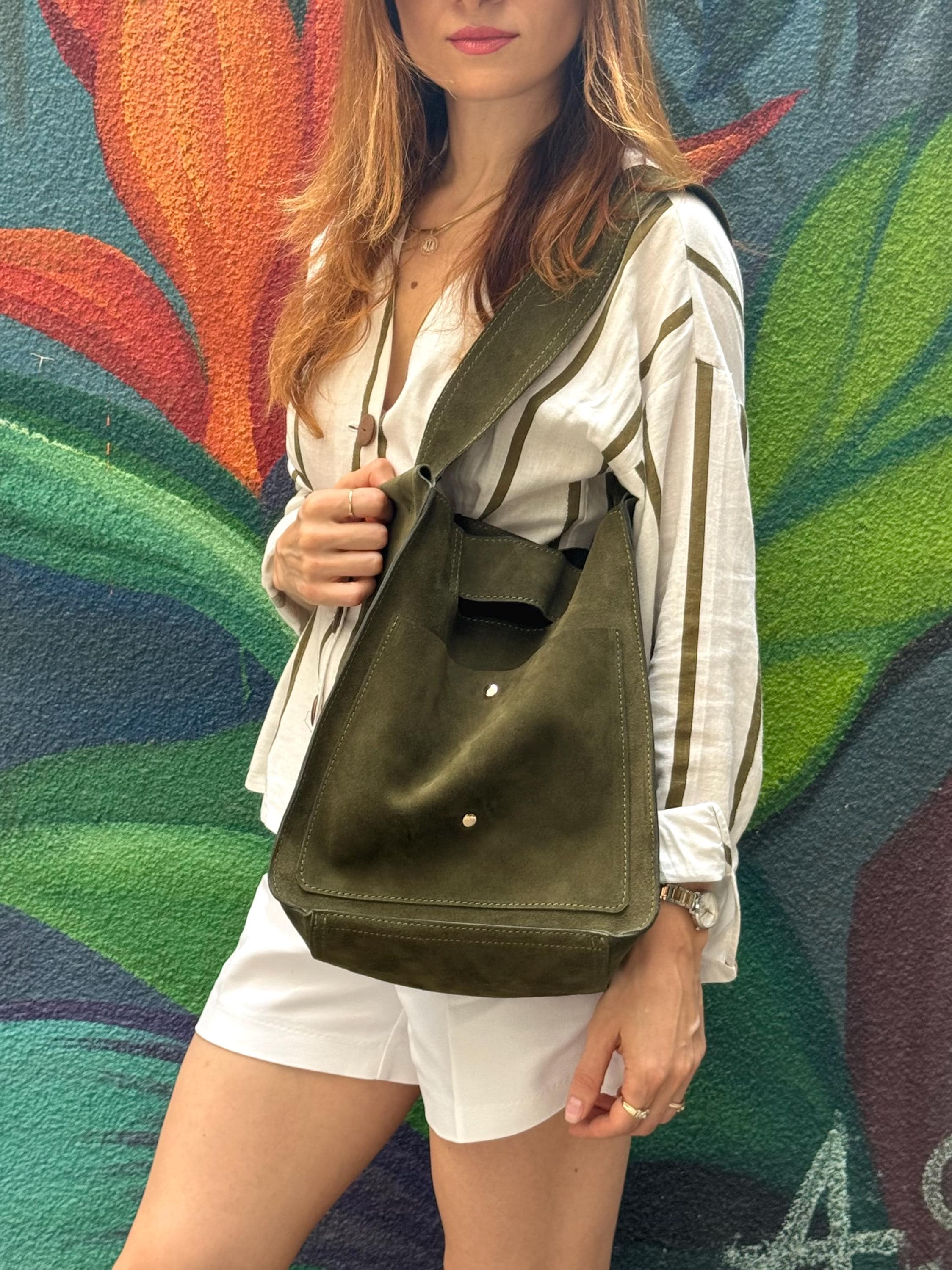 Green Suede Shoulder Bag, Suede Leather Shopper Bag, Slouchy