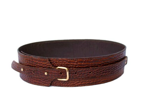 Brown Leather Waist Belt: Wide Reptile Buckle, Handmade - Etsy