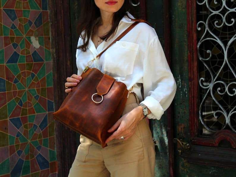 Bolso bandolera de piel cobre, Tote de piel marrón, Bolsos y carteras, Bolso de diseño, Bolso de piel mujer, Bolso bandolera de piel imagen 2