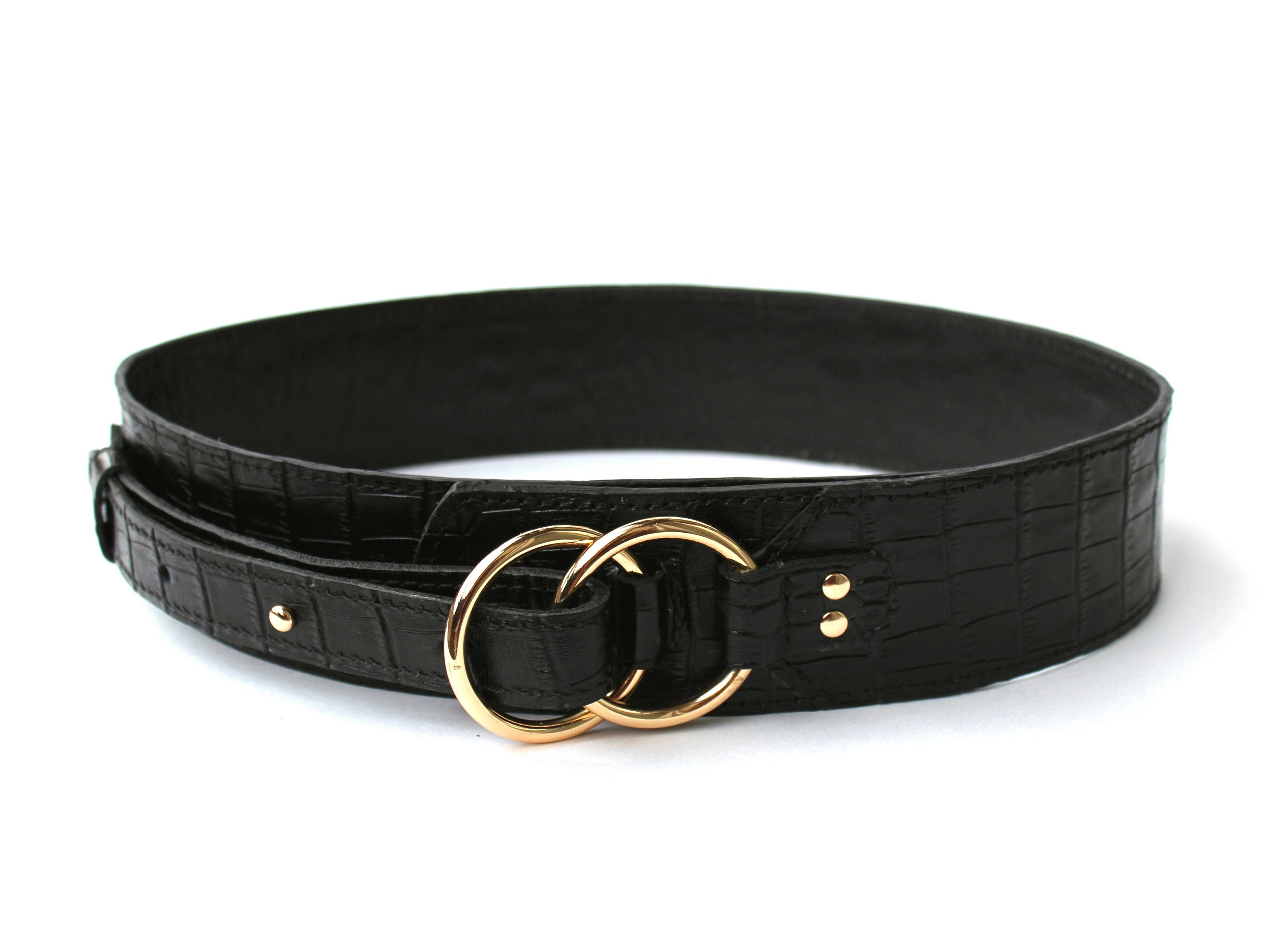 Wide Black Crocodile Textured Leather Belt for Women  display picture 3