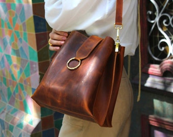 Copper leather shoulder bag, Brown leather tote, Bags and purses, Designer handbag, Leather Bag Women,  Leather crossbody bag