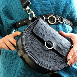 Black Leather Crossbody Bag: Reptile Print Designer Handbag