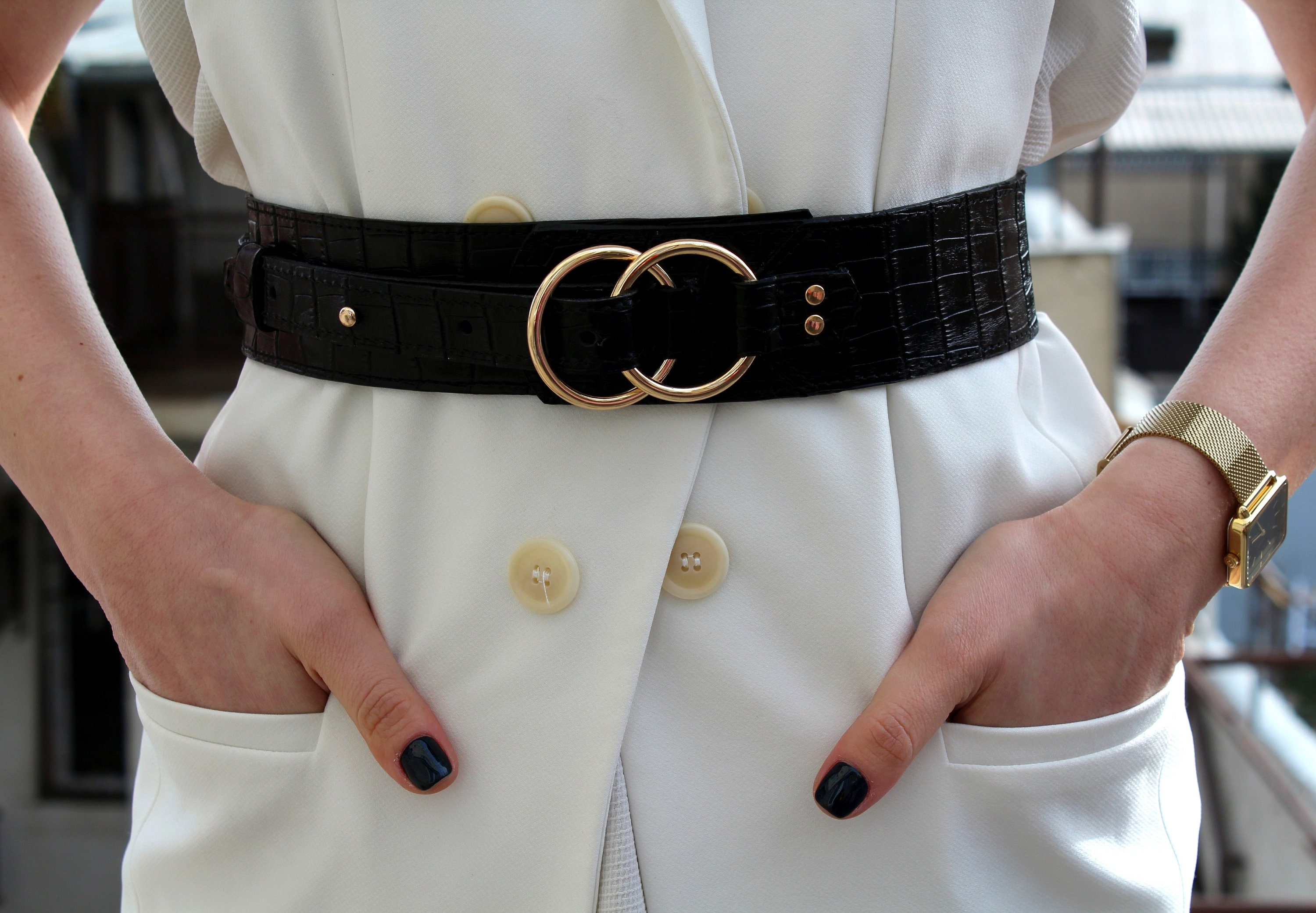 Wide Leather Belt for Women Synthetic Crocodile-Embossed Thick Black Fashion Exquisite Handcrafted Luxury Crocodile Leather Belts – w  main image 2