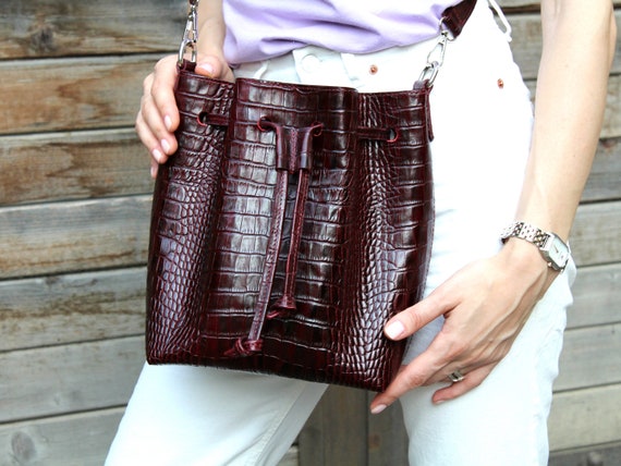 Reptile Leather Bucket Bag: Dark Red Cow Leather Purse with Pouch