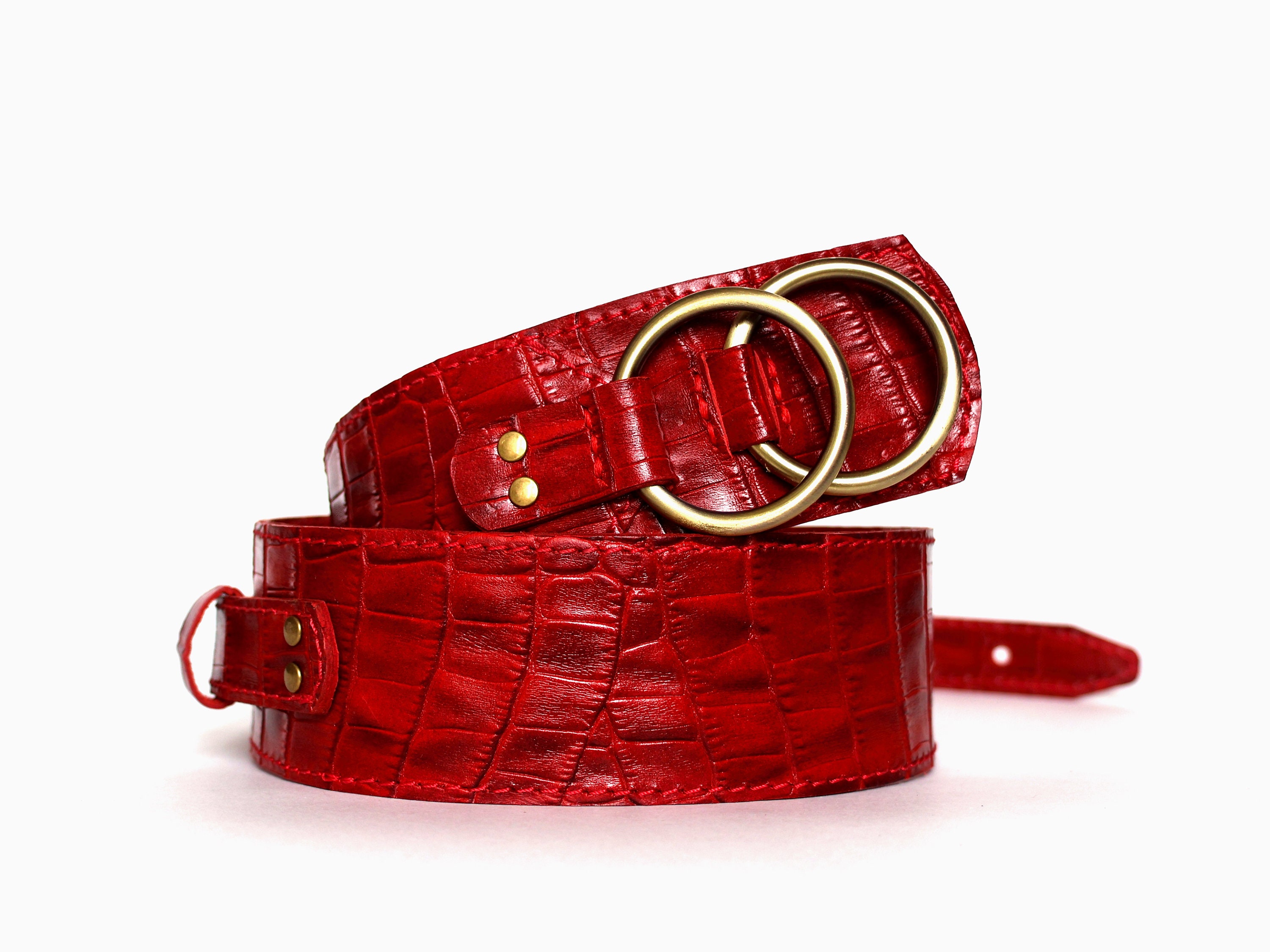 Wide Red Crocodile Textured Leather Belt for Women 
