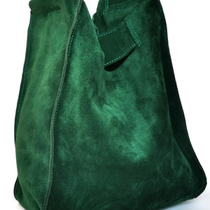 Suede shoulder bag, Green leather shopper bag, Slouch bag, Shopper bag, Leather tote, suede shoulder bag, Green boho image 3