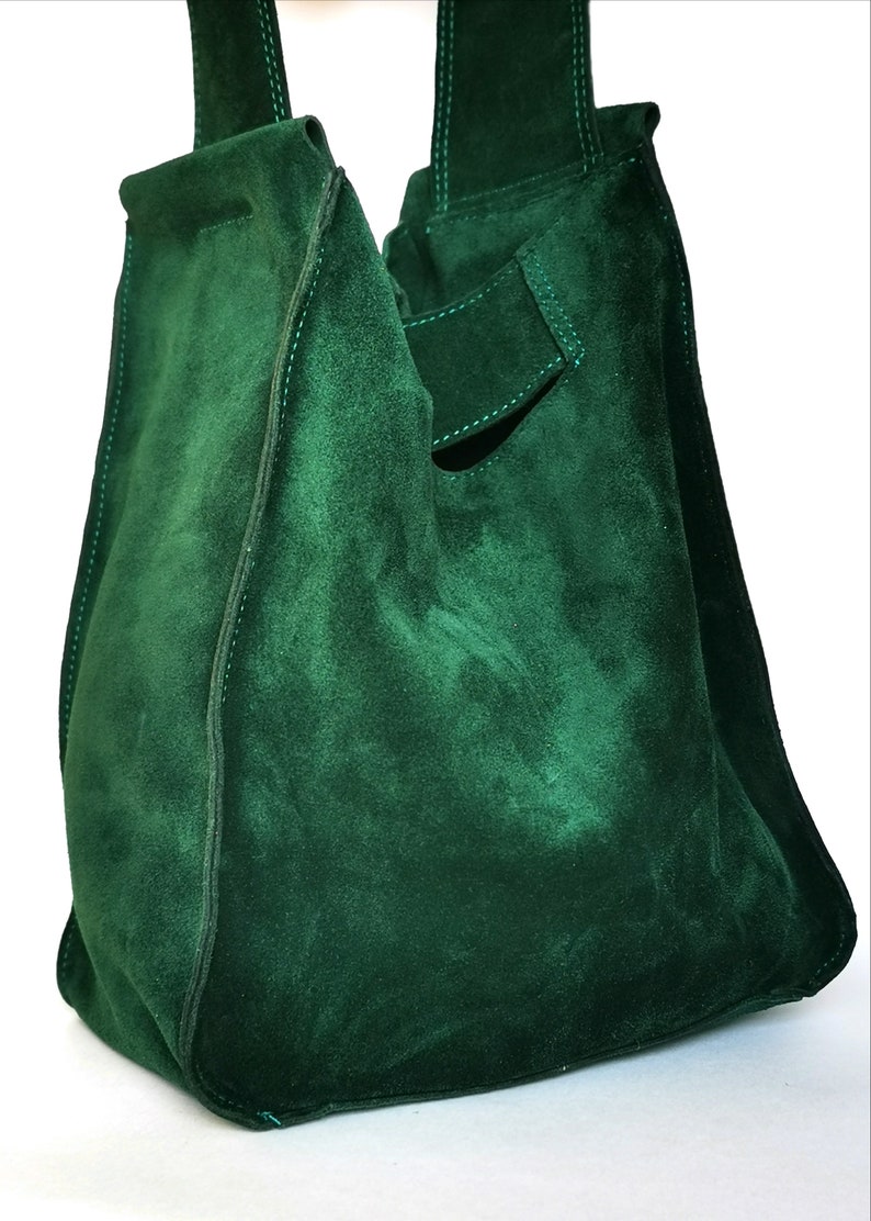 Suede shoulder bag, Green leather shopper bag, Slouch bag, Shopper bag, Leather tote, suede shoulder bag, Green boho image 3