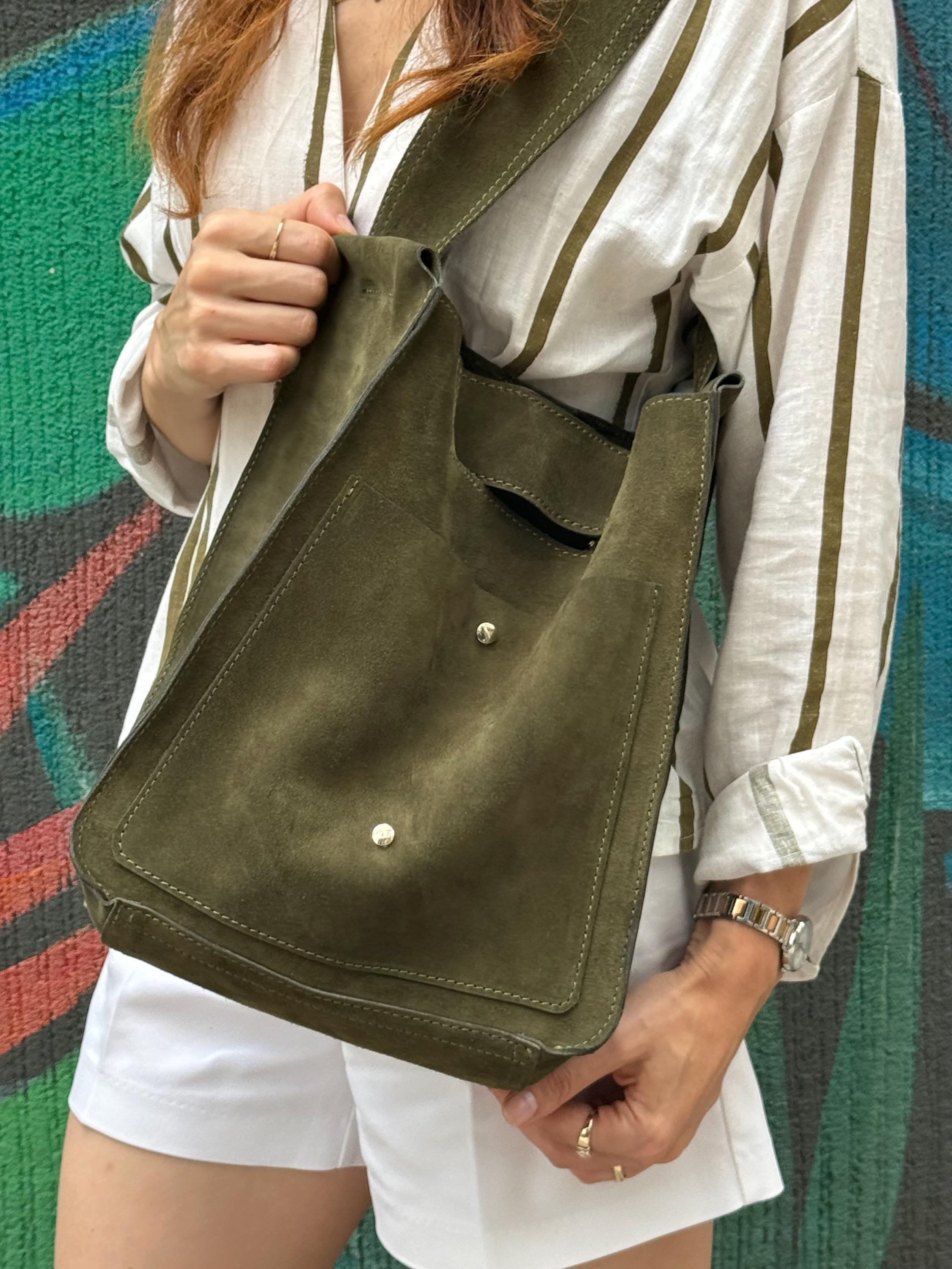 ★EMS★ SUEDE SHOULDER BAGGREEN Green Suede Shoulder Bag, Suede Leather Shopper Bag, Slouchy