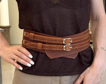 Wide Copper Brown Leather Corset Belt for Women – Handmade Waist Belt with Double Silver Buckles