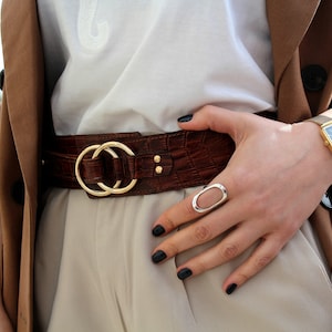 Lovely Brown Leather belt women, Wide waist belt, Leather waist belt, Leather suit belt, Reptile leather buckle image 2