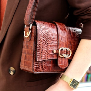 Reptile Print Brown Leather Handbag: Small Designer Shoulder Bag