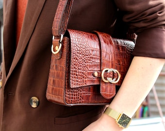 Reptile Print Brown Leather Handbag: Small Designer Shoulder Bag