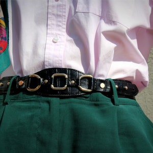 Black Leather Waist Belt: Vintage Style Reptile Texture