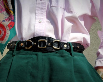 Black Leather belt women,  Wide waist belt, Beautiful Vintage style waist belt, Reptile leather, Crocodile, buckle