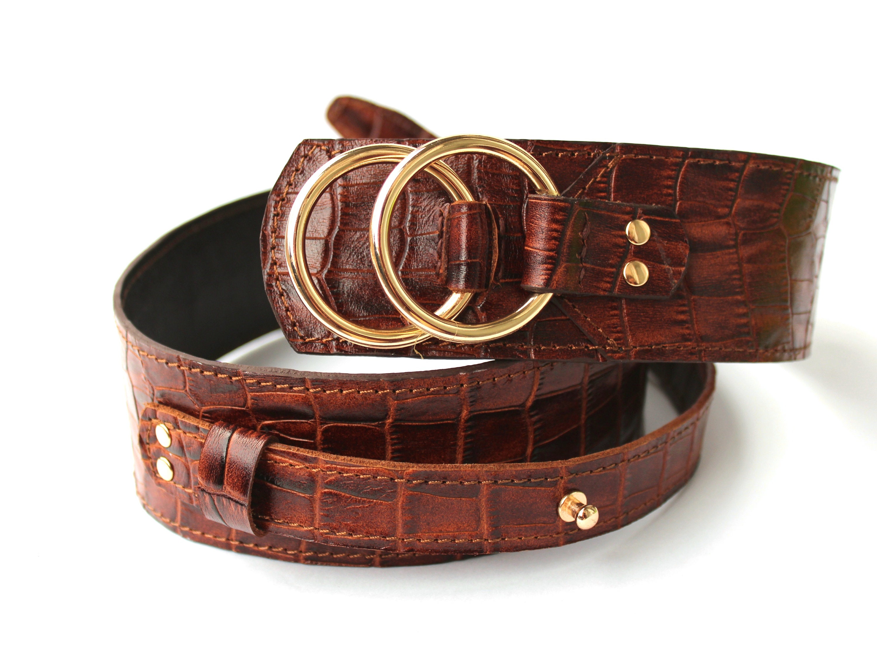 Crocodile Brown Leather Belt, Wide Waist Belt for Women, High