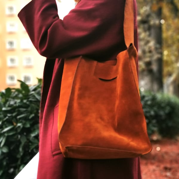 Suede shoulder bag, Terracotta brown leather shopper bag, Slouch bag, Shopper bag, Leather tote, Leather tote bags for women, Terracotta bag