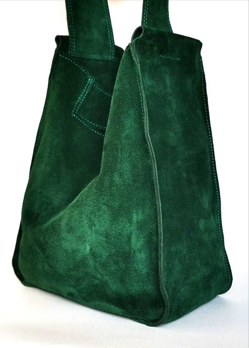 Suede shoulder bag, Green leather shopper bag, Slouch bag, Shopper bag, Leather tote, suede shoulder bag, Green boho image 2