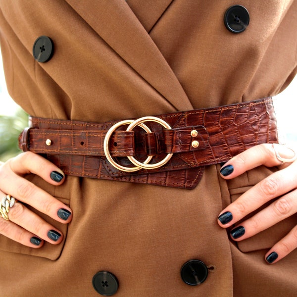 Lovely Brown Leather belt women, Wide waist belt, Leather waist belt, Leather suit belt, Reptile leather buckle