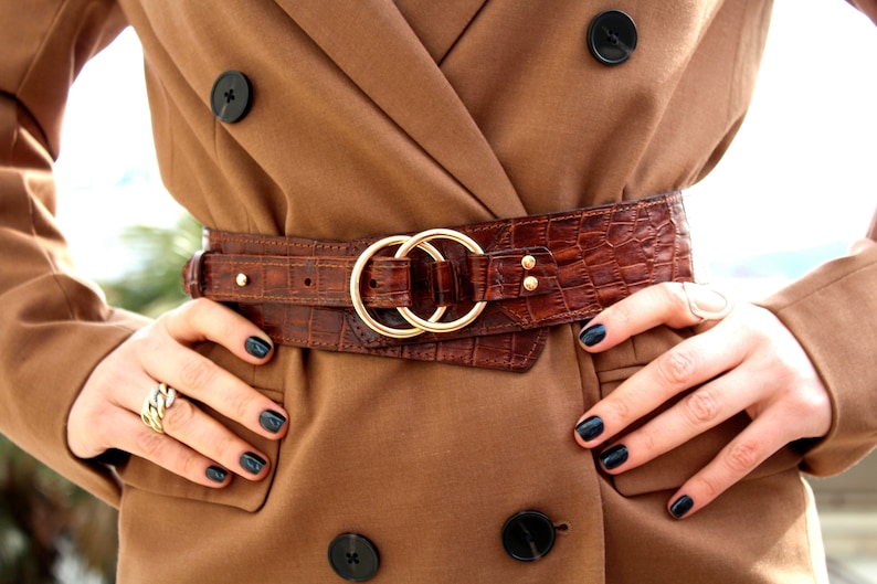 Lovely Brown Leather belt women, Wide waist belt, Leather waist belt, Leather suit belt, Reptile leather buckle 