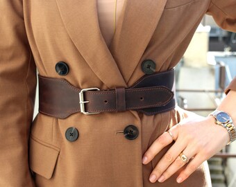 Wide Chocolate Brown Leather Corset Belt for Women – Handmade Full Grain Cowhide Waist Belt with Silver Buckle