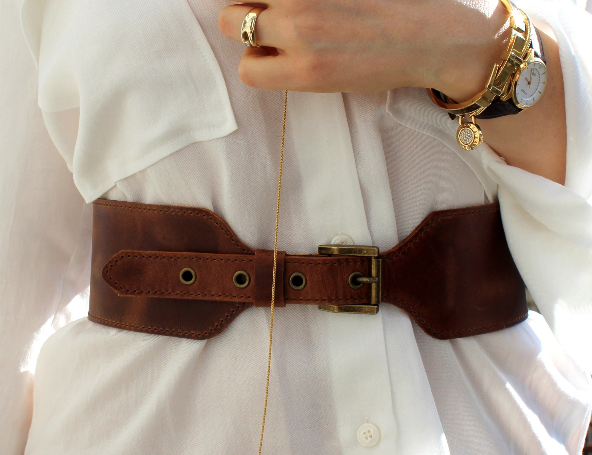【cacharel】 BROWN LEATHER wide BELT Wide Copper Brown Leather Belt Women, Wide Leather Belt
