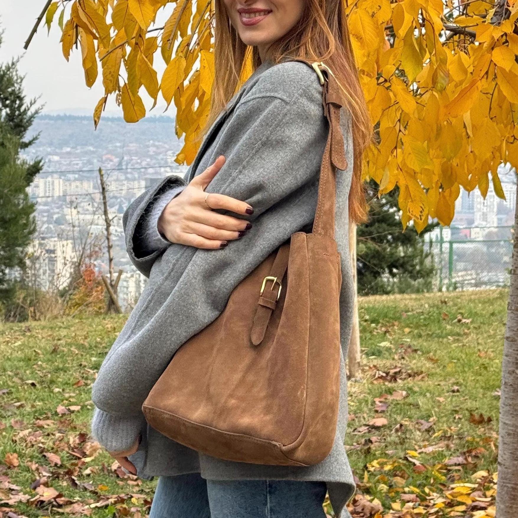Suede shoulder bag, Light brown leather shopper bag, Slouch bag, Shopper bag, Leather tote, Leather tote bags for women, Light brown bag