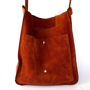 Suede shoulder bag with pockets, Terracotta brown leather shopper bag, Slouch bag, Shopper bag, Leather tote, Terracotta bag with pockets