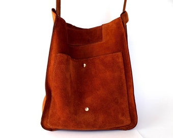 Terracotta Braune Wildleder Umhängetasche - Slouchy Tote mit großer Außentasche