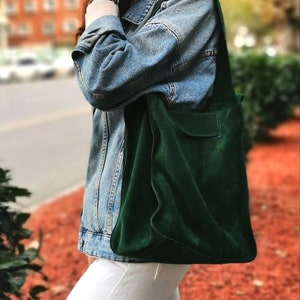 Suede shoulder bag, Green leather shopper bag, Slouch bag, Shopper bag, Leather tote, suede shoulder bag, Green boho image 1