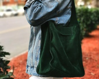 Suede shoulder bag, Green leather shopper bag, Slouch bag, Shopper bag, Leather tote, suede shoulder bag, Green boho