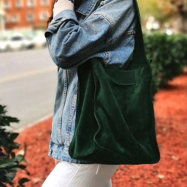 Suede shoulder bag, Green leather shopper bag, Slouch bag, Shopper bag, Leather tote, suede shoulder bag, Green boho