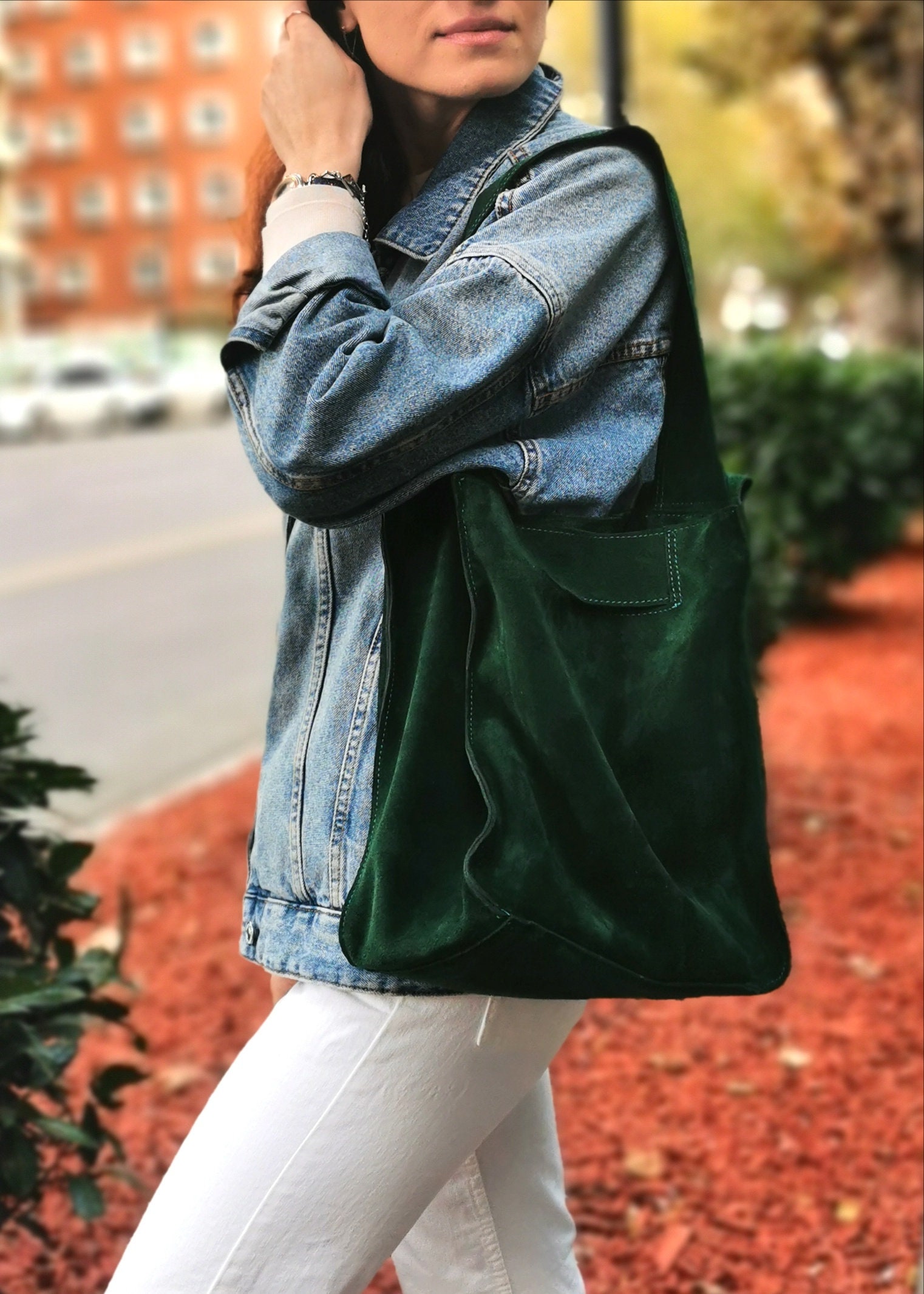 Suede Shoulder Bag Green Leather Shopper Bag Slouch Bag 