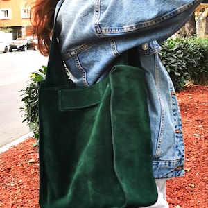 Suede shoulder bag, Green leather shopper bag, Slouch bag, Shopper bag, Leather tote, suede shoulder bag, Green boho image 7