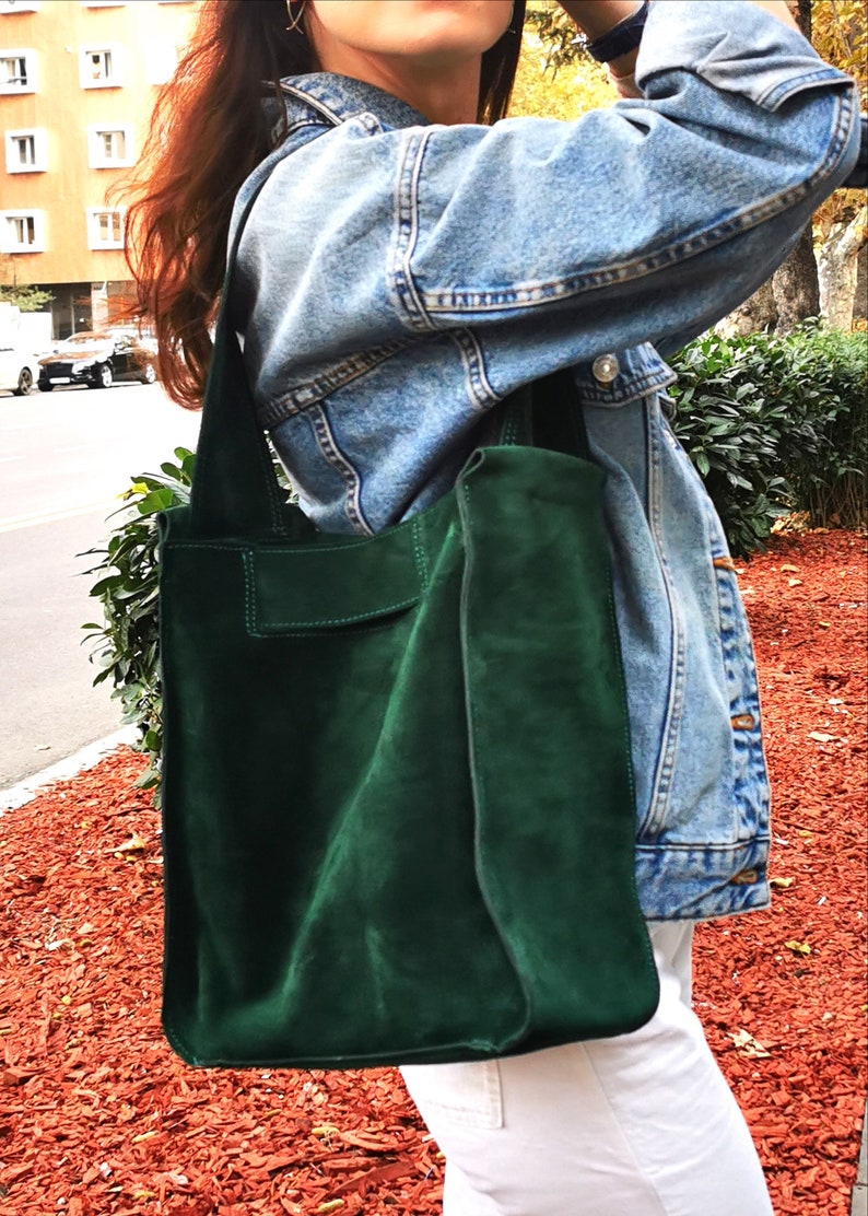Suede shoulder bag, Green leather shopper bag, Slouch bag, Shopper bag, Leather tote, suede shoulder bag, Green boho image 7