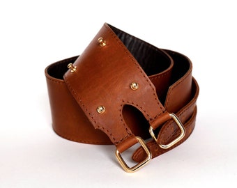 【cacharel】 BROWN LEATHER wide BELT Vintage Cacharel Brown Reptile Leather Tortoise Buckle Stud
