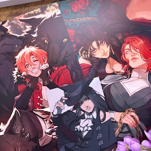 Peut inclure: Quatre impressions illustrées représentant des personnages aux cheveux roux, noirs et blancs. Les personnages sont entourés de loups et de fleurs. Les impressions sont sur fond blanc.