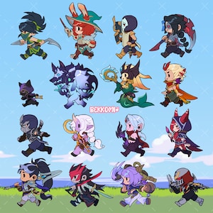 May include: A digital illustration featuring a collection of cartoon characters in a running pose. The characters are diverse, with varying outfits and accessories, set against a blue sky background. The artwork has a playful and dynamic feel, with each character uniquely designed.