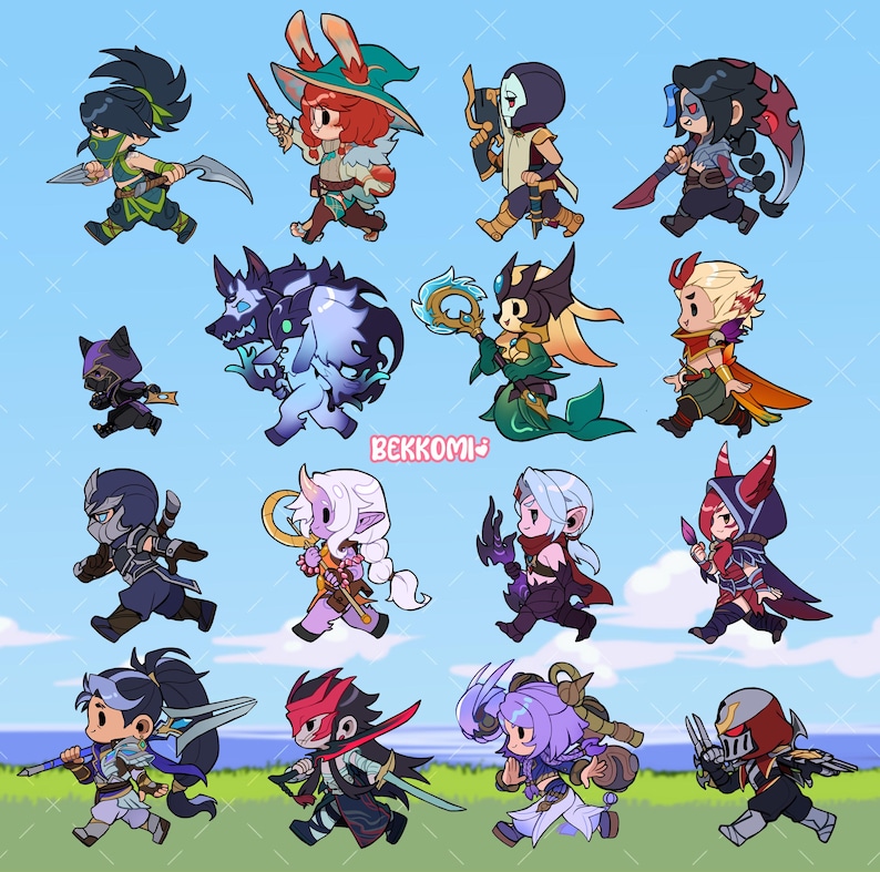 May include: A digital illustration featuring a collection of cartoon characters in a running pose. The characters are diverse, with varying outfits and accessories, set against a blue sky background. The artwork has a playful and dynamic feel, with each character uniquely designed.