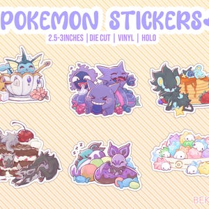 Könnte beinhalten: Sechs bunte Pokemon-Charakter-Aufkleber, jeder mit einem anderen Pokemon-Charakter und einem anderen Lebensmittel. Die Aufkleber sind ausgestanzt und messen 2,5-3 Zoll. Der Text "POKEMON STICKERS" befindet sich oben im Bild. Der Text "2.5-3 INCHES | DIE CUT | VINYL | HOLO" befindet sich unter dem Titel. Der Text "BEKKOMI" befindet sich unten im Bild.