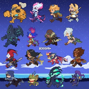 May include: A digital illustration of various cartoon characters running across a starry night sky. The characters, each with unique designs and colours, are likely from a video game or fantasy theme. The artist's name, BEKKOMI, is displayed in the image.