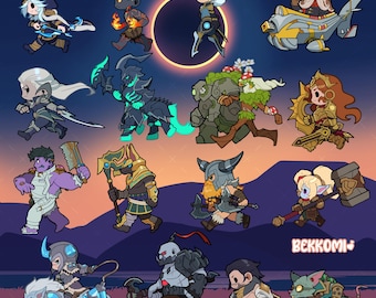 May include: A digital illustration featuring a collection of fifteen stylized chibi-style fantasy characters in dynamic poses against a sunset background with a solar eclipse. The text BEKKOMI is visible in the bottom right corner of the image.