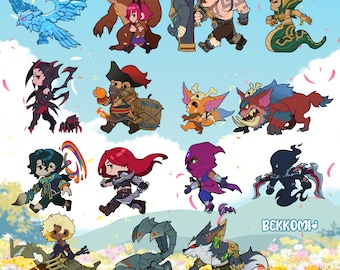 May include: A collection of sixteen stylized chibi-style character illustrations featuring various fantasy figures, including a blue ice bird, a bear, a warrior with a shield, a snake-like creature, and a wolf, with the text BEKKOMI visible.