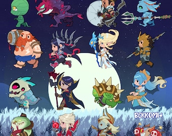 May include: A digital illustration featuring fourteen chibi-style fantasy characters arranged in rows against a dark starry night sky background with a large moon. The text BEKKOMI is visible in the bottom right corner near the grass.