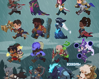 May include: A digital illustration featuring sixteen chibi-style fantasy characters in dynamic poses against a rainy background. Each character wears distinct armor or robes and carries weapons or magical items. The text BEKKOMI is visible.