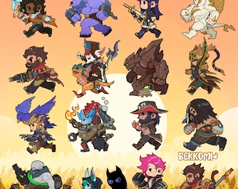 May include: A digital illustration featuring sixteen chibi-style characters arranged in a grid. The characters include various fantasy figures, creatures, and warriors in dynamic poses. The text BEKKOMI is visible in the bottom right corner.